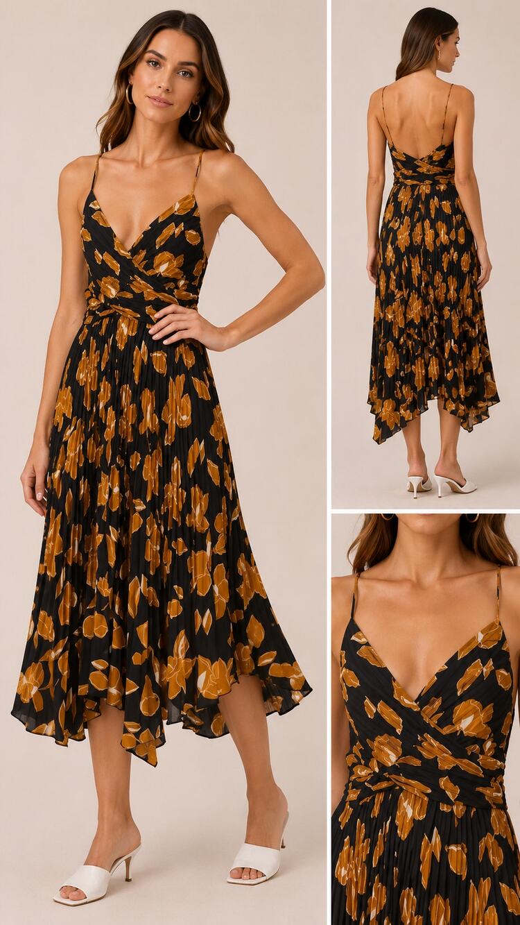 NWT Jonathan Simkhai Pleated Floral Midi Dress Black Gold Size 8